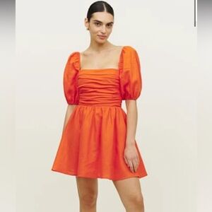 Reformation Elegant Orange Puff Sleeve Linen Dress